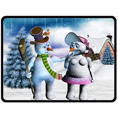 Funny, Cute Snowman And Snow Women In A Winter Landscape Fleece Blanket (large)  by FantasyWorld7