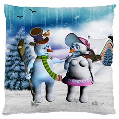 Funny, Cute Snowman And Snow Women In A Winter Landscape Large Flano Cushion Case (one Side) by FantasyWorld7