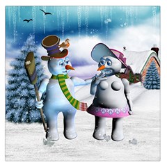 Funny, Cute Snowman And Snow Women In A Winter Landscape Large Satin Scarf (square) by FantasyWorld7