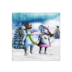 Funny, Cute Snowman And Snow Women In A Winter Landscape Satin Bandana Scarf by FantasyWorld7