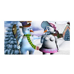 Funny, Cute Snowman And Snow Women In A Winter Landscape Satin Wrap by FantasyWorld7