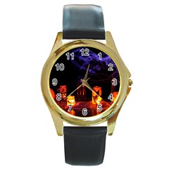 Awaiting Halloween Night Round Gold Metal Watch