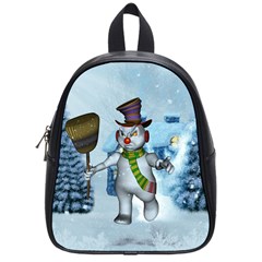 Funny Grimly Snowman In A Winter Landscape School Bag (small) by FantasyWorld7