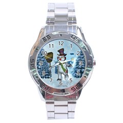 Funny Grimly Snowman In A Winter Landscape Stainless Steel Analogue Watch by FantasyWorld7