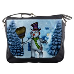 Funny Grimly Snowman In A Winter Landscape Messenger Bags by FantasyWorld7