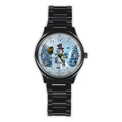 Funny Grimly Snowman In A Winter Landscape Stainless Steel Round Watch by FantasyWorld7