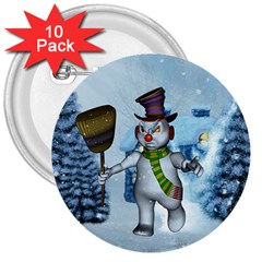 Funny Grimly Snowman In A Winter Landscape 3  Buttons (10 Pack)  by FantasyWorld7