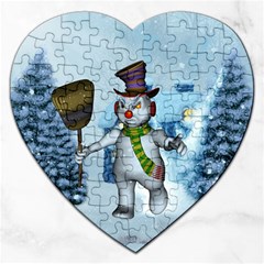 Funny Grimly Snowman In A Winter Landscape Jigsaw Puzzle (heart) by FantasyWorld7