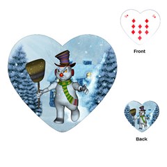 Funny Grimly Snowman In A Winter Landscape Playing Cards (heart)  by FantasyWorld7