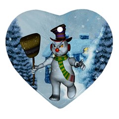 Funny Grimly Snowman In A Winter Landscape Heart Ornament (two Sides) by FantasyWorld7