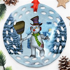 Funny Grimly Snowman In A Winter Landscape Round Filigree Ornament (two Sides) by FantasyWorld7