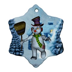 Funny Grimly Snowman In A Winter Landscape Snowflake Ornament (two Sides) by FantasyWorld7