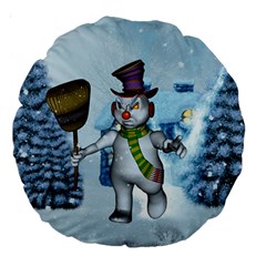 Funny Grimly Snowman In A Winter Landscape Large 18  Premium Round Cushions by FantasyWorld7