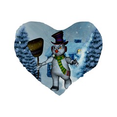 Funny Grimly Snowman In A Winter Landscape Standard 16  Premium Heart Shape Cushions by FantasyWorld7