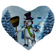 Funny Grimly Snowman In A Winter Landscape Large 19  Premium Heart Shape Cushions by FantasyWorld7