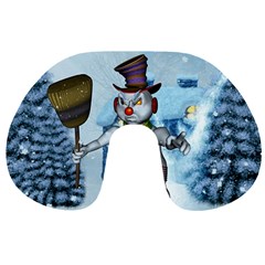 Funny Grimly Snowman In A Winter Landscape Travel Neck Pillows by FantasyWorld7