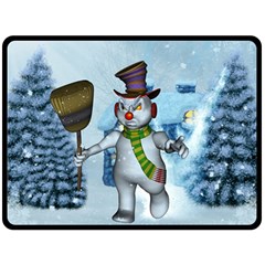 Funny Grimly Snowman In A Winter Landscape Double Sided Fleece Blanket (large)  by FantasyWorld7