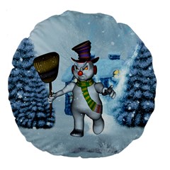 Funny Grimly Snowman In A Winter Landscape Large 18  Premium Flano Round Cushions by FantasyWorld7