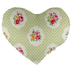 Green Shabby Chic Large 19  Premium Flano Heart Shape Cushions by NouveauDesign