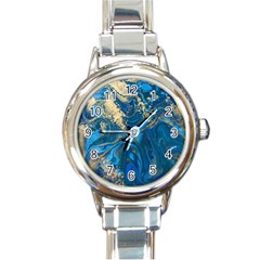 Ocean Blue Gold Marble Round Italian Charm Watch by NouveauDesign