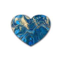 Ocean Blue Gold Marble Rubber Coaster (heart)  by NouveauDesign