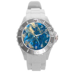 Ocean Blue Gold Marble Round Plastic Sport Watch (l) by NouveauDesign