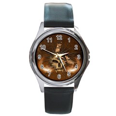 Awesome Skull With Rat On Vintage Background Round Metal Watch