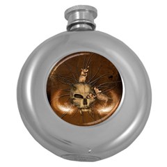 Awesome Skull With Rat On Vintage Background Round Hip Flask (5 Oz) by FantasyWorld7