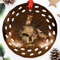 Awesome Skull With Rat On Vintage Background Round Filigree Ornament (Two Sides)