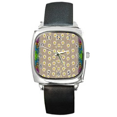 Star Fall Of Fantasy Flowers On Pearl Lace Square Metal Watch by pepitasart