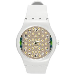 Star Fall Of Fantasy Flowers On Pearl Lace Round Plastic Sport Watch (m) by pepitasart