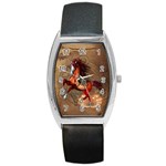 Awesome Horse  With Skull In Red Colors Barrel Style Metal Watch Front