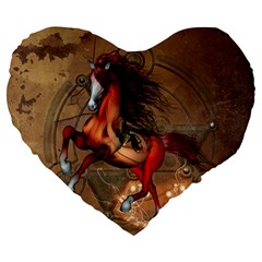 Awesome Horse  With Skull In Red Colors Large 19  Premium Heart Shape Cushions by FantasyWorld7