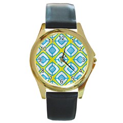 Blue Rhombus Pattern                                Round Gold Metal Watch