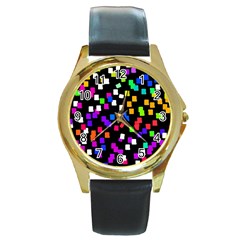 Colorful Rectangles On A Black Background                                 Round Gold Metal Watch