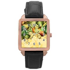 Wonderful Flowers With Butterflies, Colorful Design Rose Gold Leather Watch  by FantasyWorld7