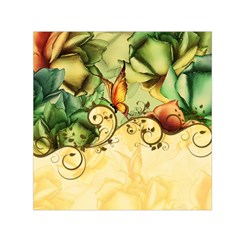 Wonderful Flowers With Butterflies, Colorful Design Small Satin Scarf (square)