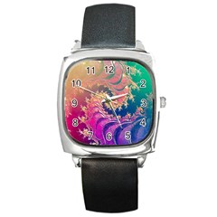 Rainbow Octopus Tentacles In A Fractal Spiral Square Metal Watch by jayaprime