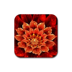 Beautiful Ruby Red Dahlia Fractal Lotus Flower Rubber Coaster (square)  by jayaprime