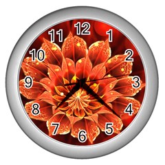 Beautiful Ruby Red Dahlia Fractal Lotus Flower Wall Clocks (silver)  by jayaprime