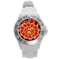 Beautiful Ruby Red Dahlia Fractal Lotus Flower Round Plastic Sport Watch (l) by jayaprime