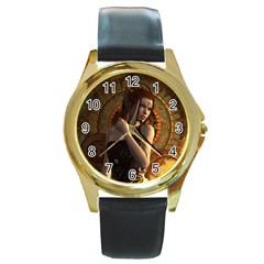 Wonderful Steampunk Women With Clocks And Gears Round Gold Metal Watch by FantasyWorld7