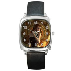 Wonderful Steampunk Women With Clocks And Gears Square Metal Watch by FantasyWorld7