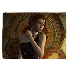 Wonderful Steampunk Women With Clocks And Gears Cosmetic Bag (xxl)  by FantasyWorld7