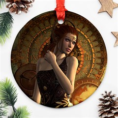 Wonderful Steampunk Women With Clocks And Gears Ornament (round) by FantasyWorld7