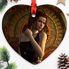 Wonderful Steampunk Women With Clocks And Gears Ornament (heart) by FantasyWorld7