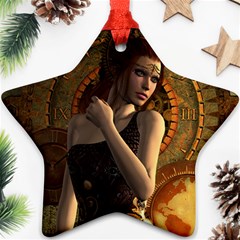 Wonderful Steampunk Women With Clocks And Gears Ornament (star) by FantasyWorld7