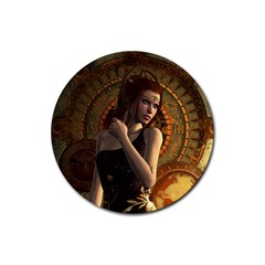 Wonderful Steampunk Women With Clocks And Gears Rubber Coaster (round)  by FantasyWorld7