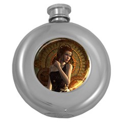 Wonderful Steampunk Women With Clocks And Gears Round Hip Flask (5 Oz) by FantasyWorld7