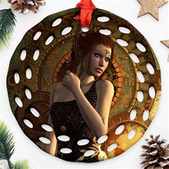 Wonderful Steampunk Women With Clocks And Gears Round Filigree Ornament (two Sides) by FantasyWorld7